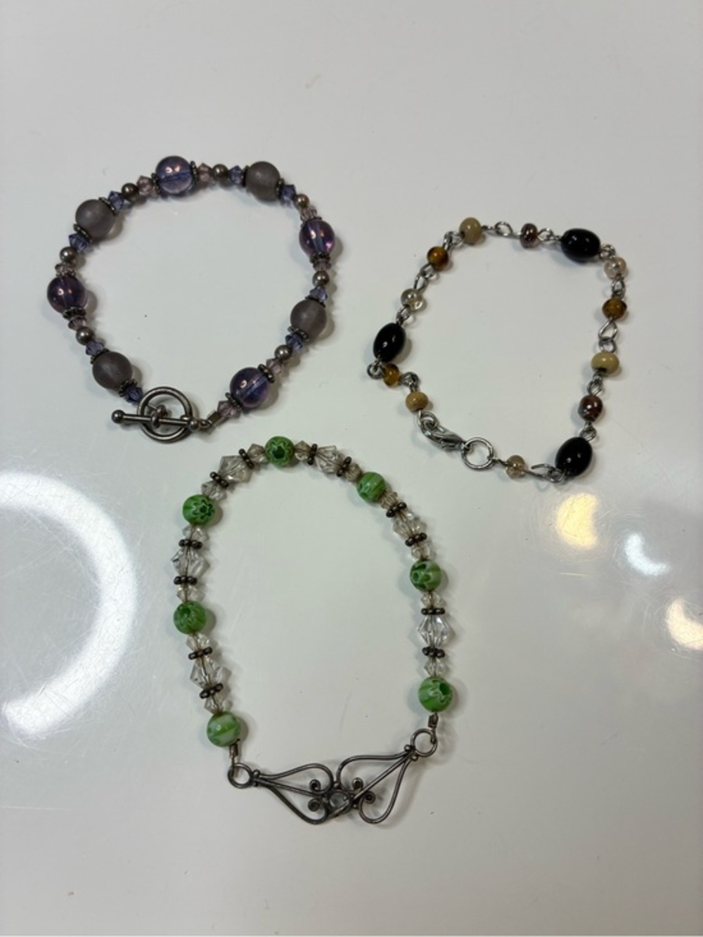 Artisan Green and Purple Beaded Bracelet with Antique Silver Accents Lot of 3